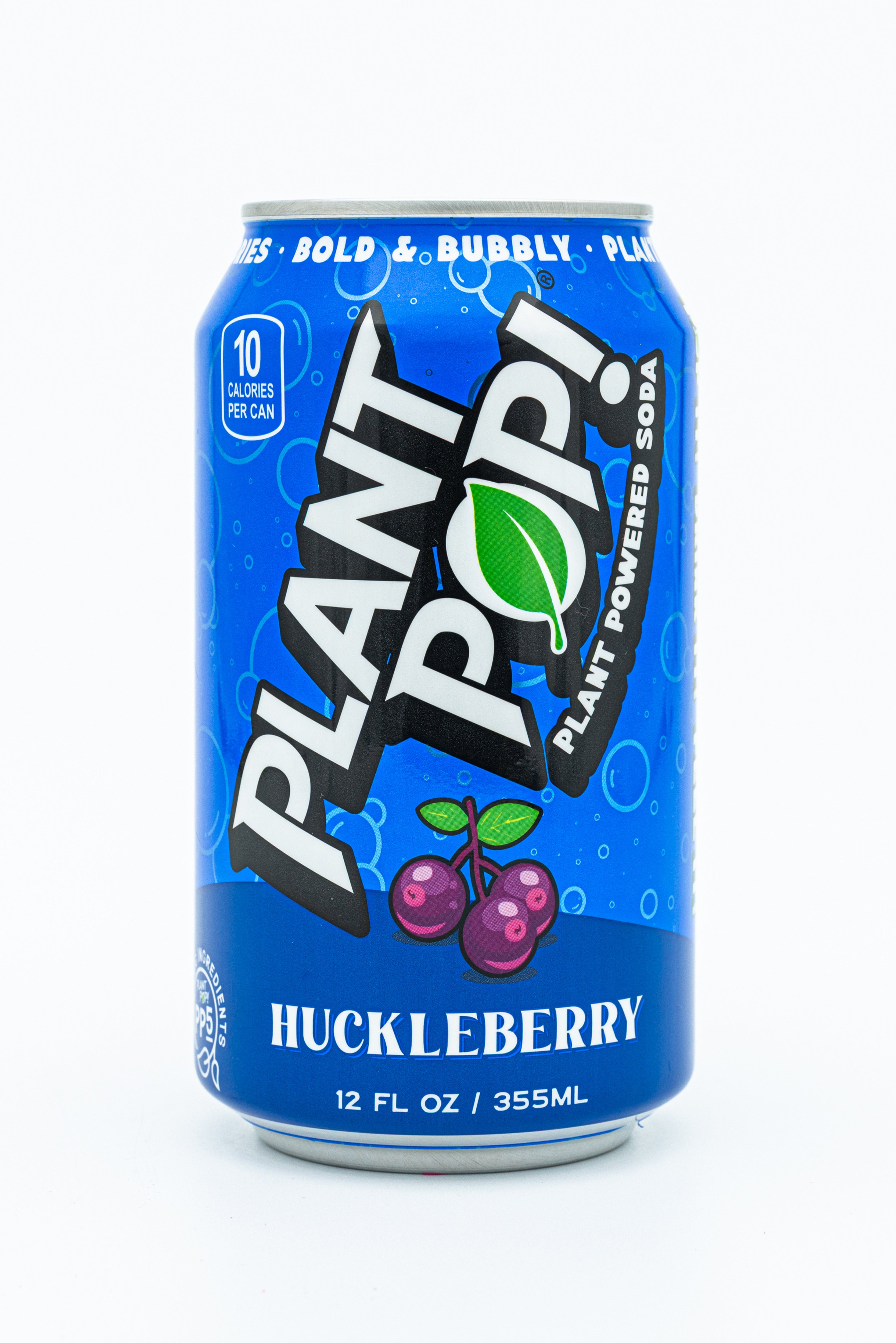 Blue can of Huckleberry Plant Pop, a better-for-you soda against a white background