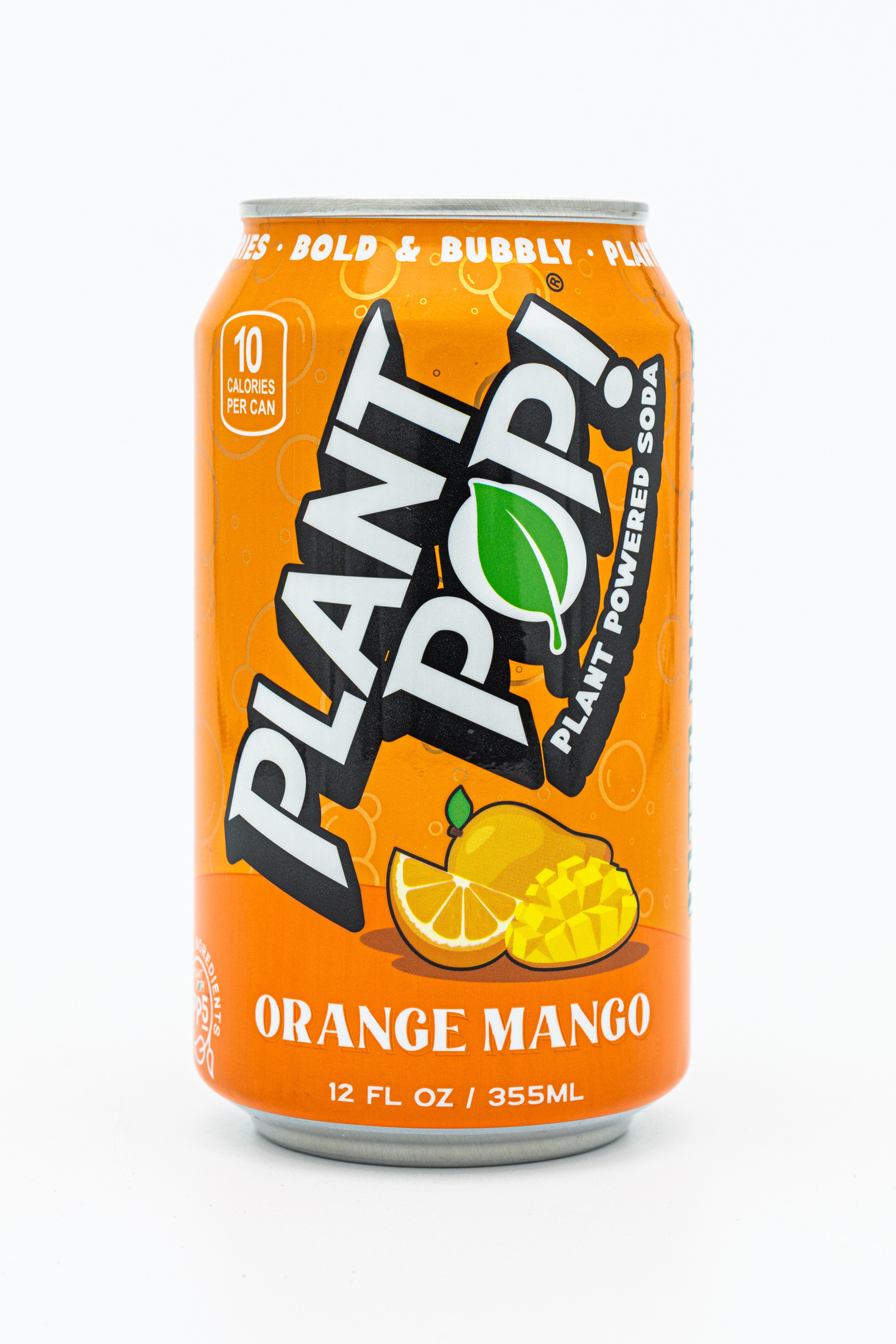 Orange can of Orange Mango Plant Pop, a better-for-you soda against a white background