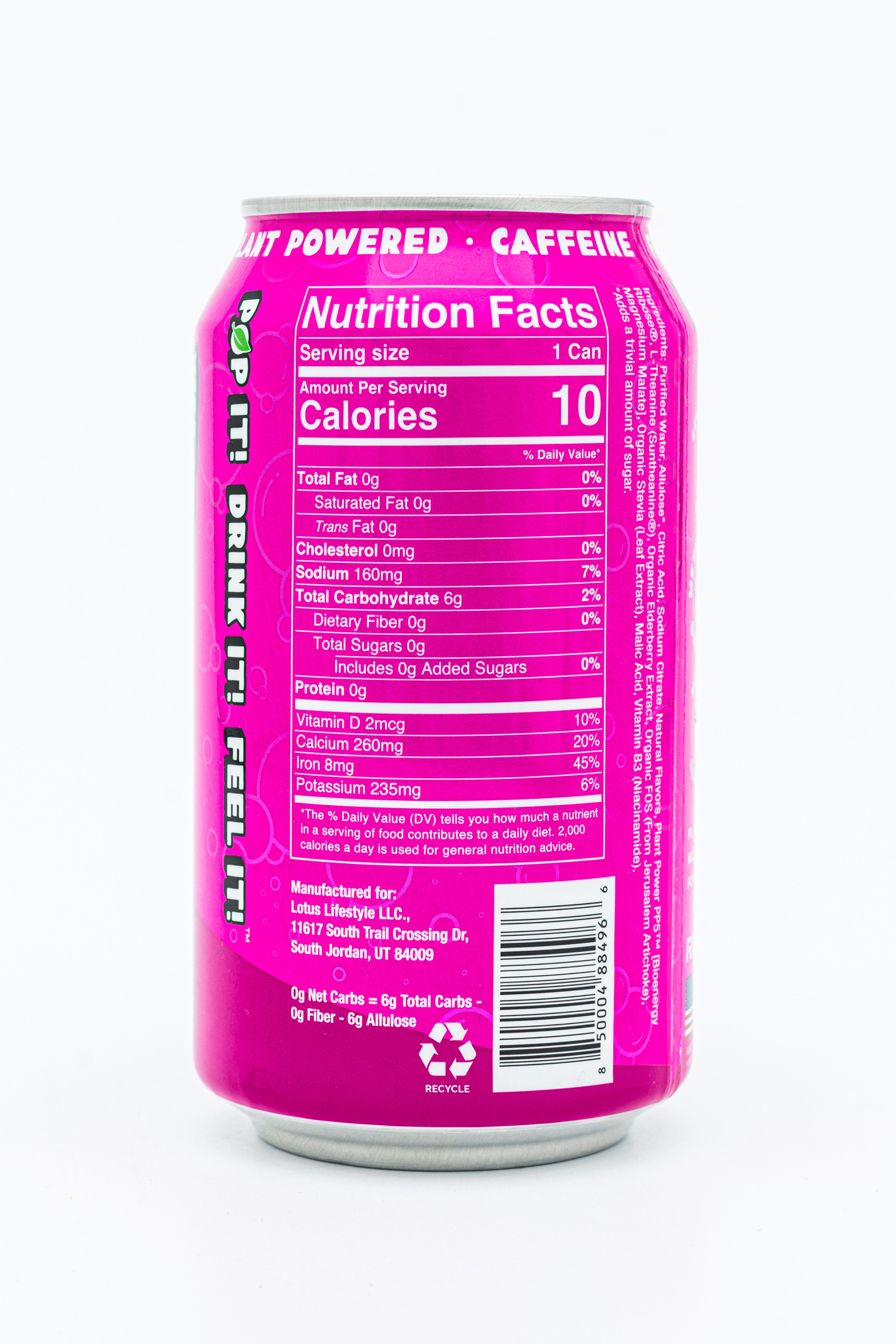Raspberry Plant Pop can of nutrition facts featuring 10 calories, zero sugar, and organic plant-based ingredients