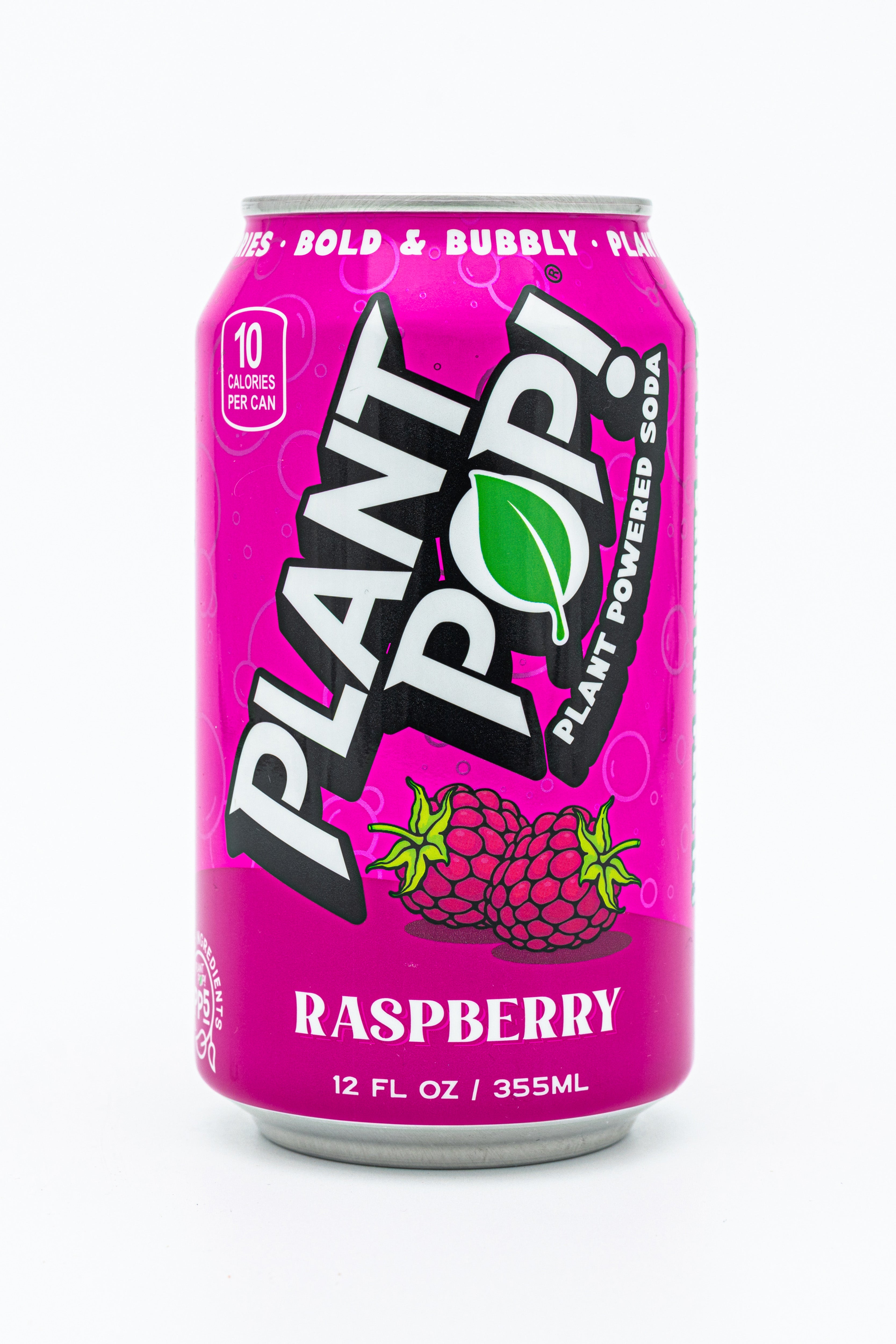 Pink can of Raspberry Plant Pop, a better-for-you soda against a white background