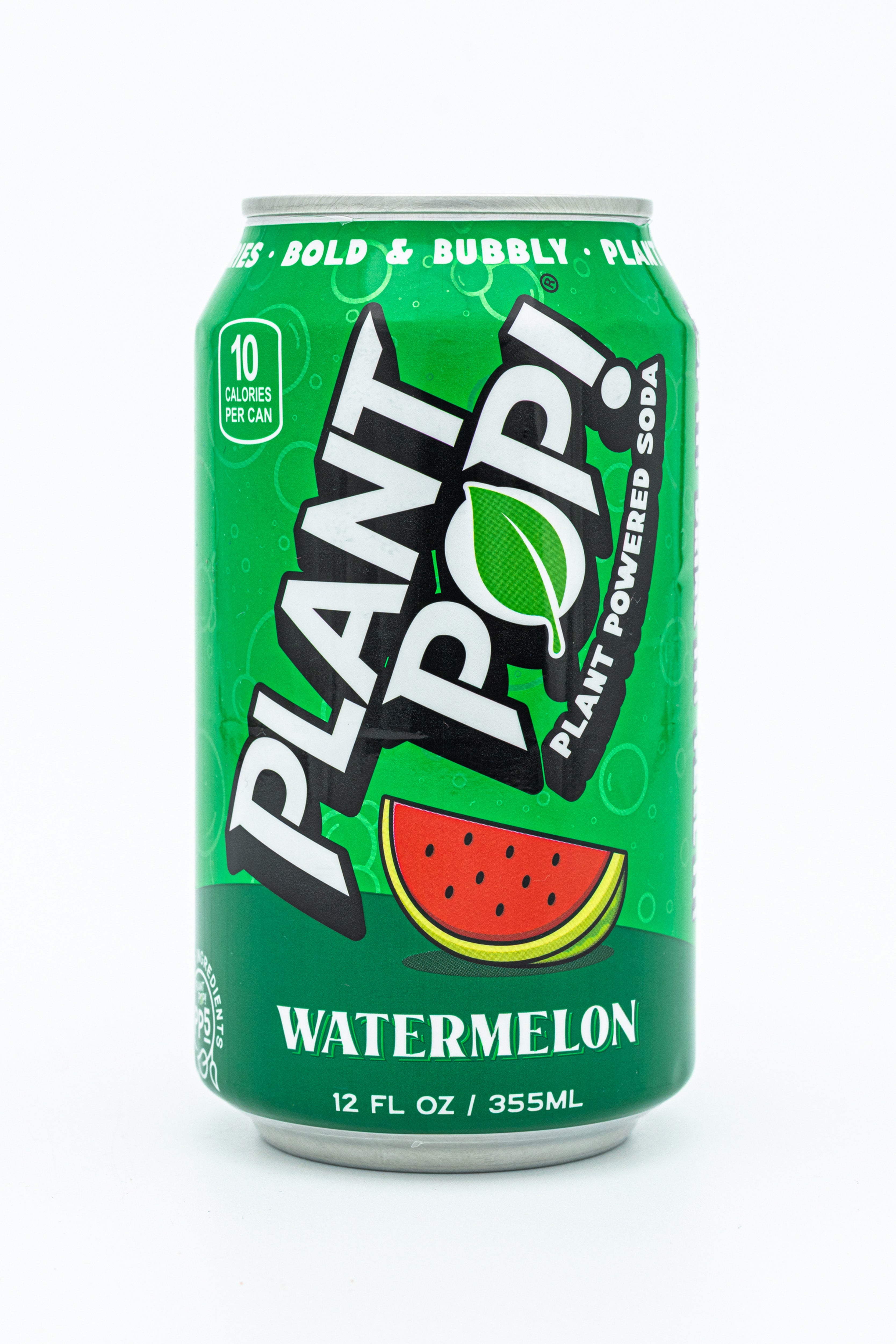 Green can of Watermelon Plant Pop, a better-for-you soda against a white background
